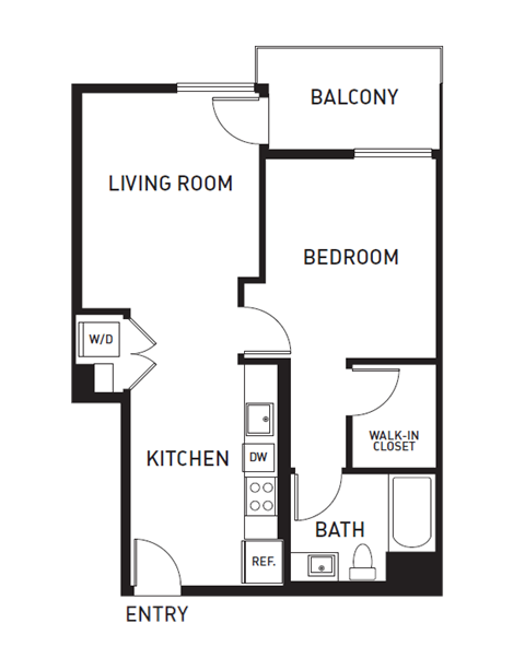 Floor plan for 1 bed, 1 bath, 700 sqft
